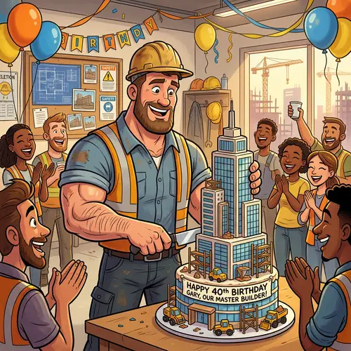 Cartoon Builder Celebrates Birthday with Skyscraper Cake