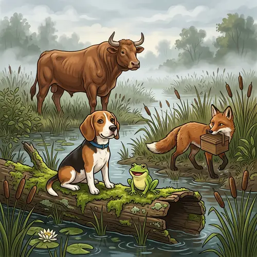 Misty Marshland Scene with Beagle Dog, Frog, Fox, and Ox