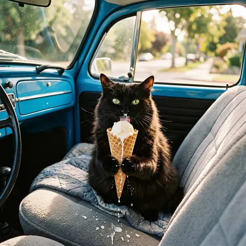 Black Cat Enjoying Vanilla Ice Cream in Blue Car