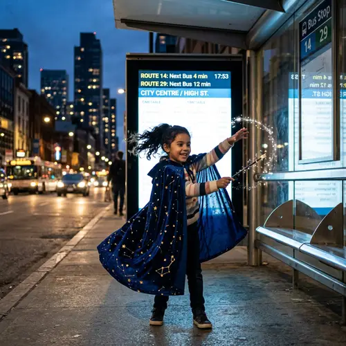 Enthusiastic Child Performing Magic at Urban Bus Shelter