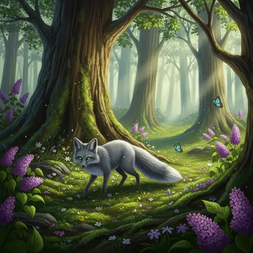 Mystical Forest with Ethereal Fox and Wildflowers