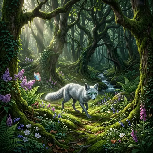 Mystical Forest with Ethereal Fox and Wildflowers