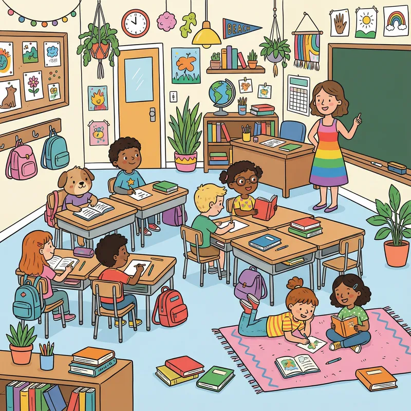 Colorful Cartoon Classroom with Students and Teacher