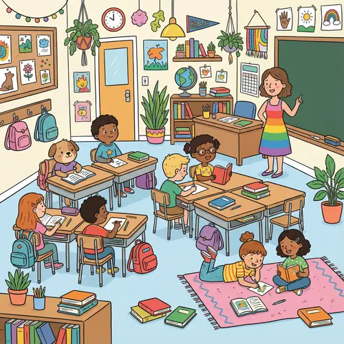 Colorful Cartoon Classroom with Students and Teacher
