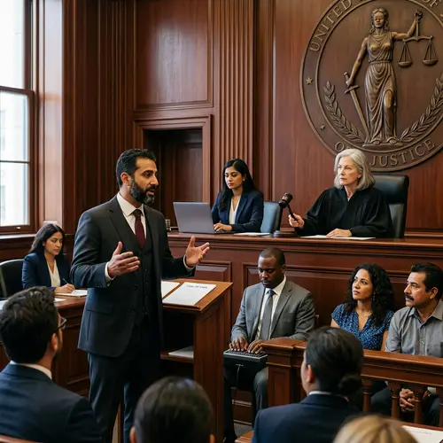 Diverse Courtroom Scene with Middle-Eastern Lawyer Presenting Case