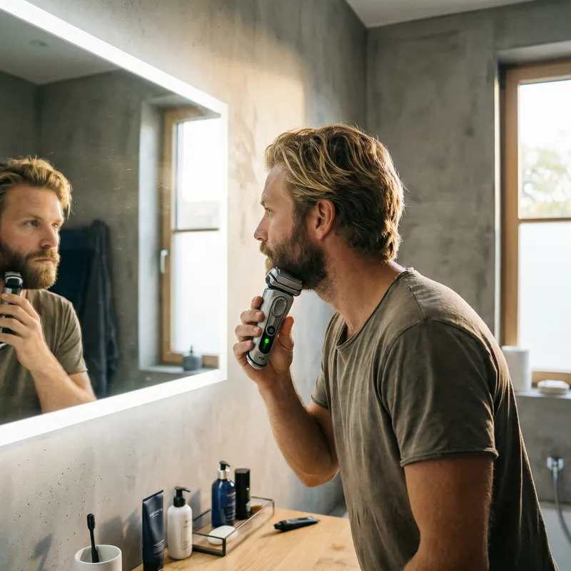 Man Mewing with Electric Shaver | Grooming Scene