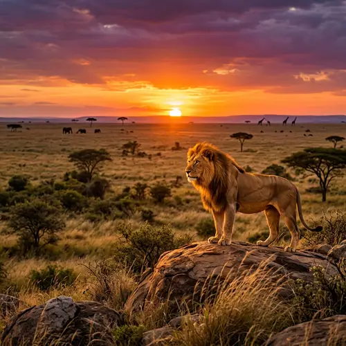 Majestic Lion in African Savanna at Sunset