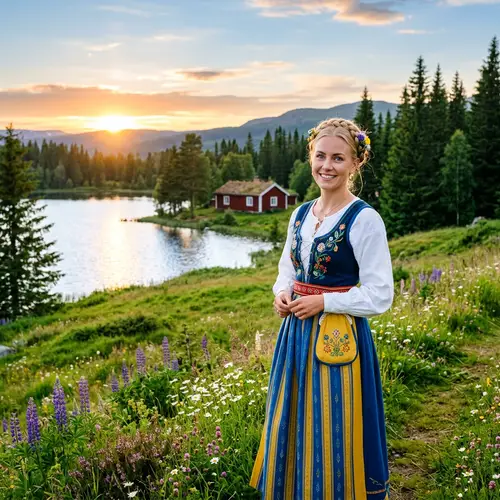 Serene Swedish Woman in Traditional Dress | Landscape View