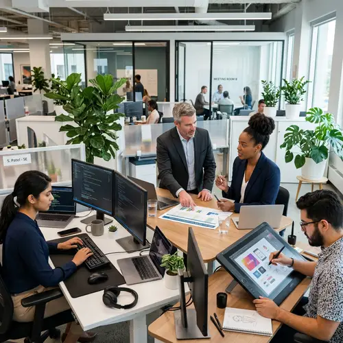 Diverse Professional Setting with Software Engineer, Project Managers, and Graphic Designer