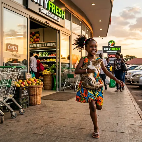 Joyful African Girl with Frizzy Hair and Fluffy Cat | Supermarket Scene