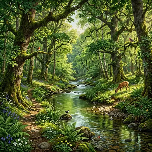 Serene Forest: Age-Old Trees, Flora & Fauna by a Crystal River
