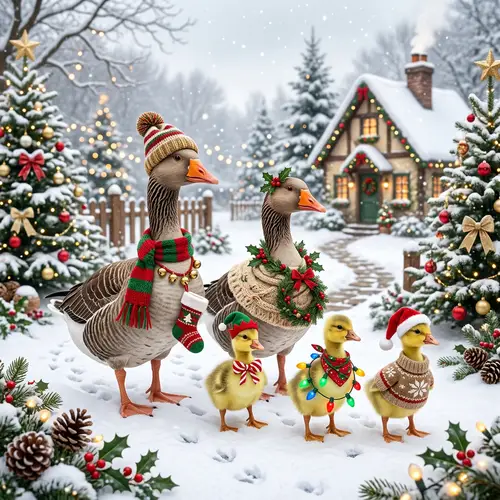 Whimsical Christmas Geese Family Decorations