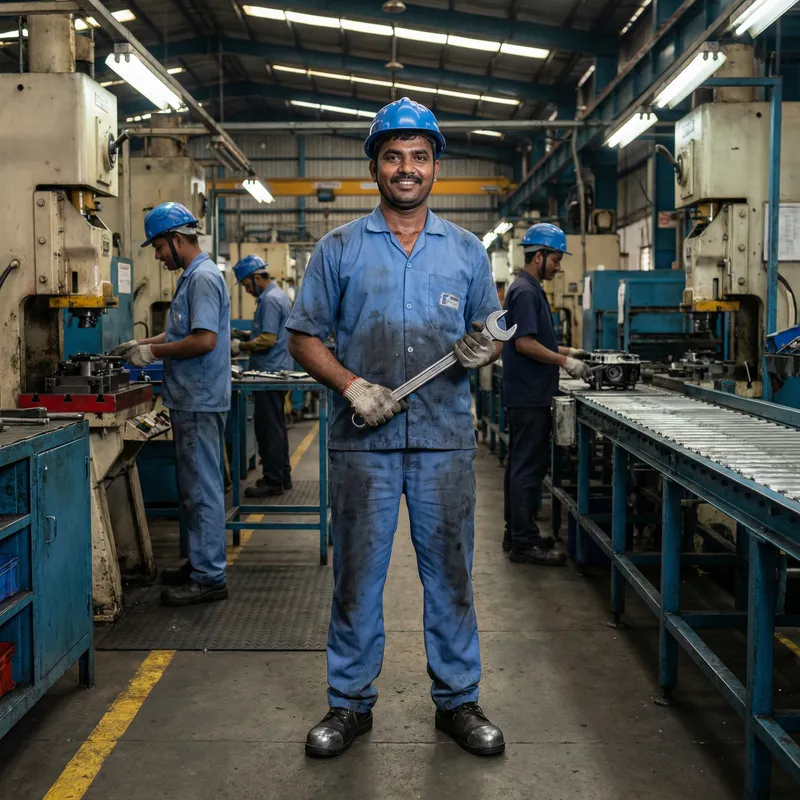 Indian Worker in Manufacturing: Full Body Overview