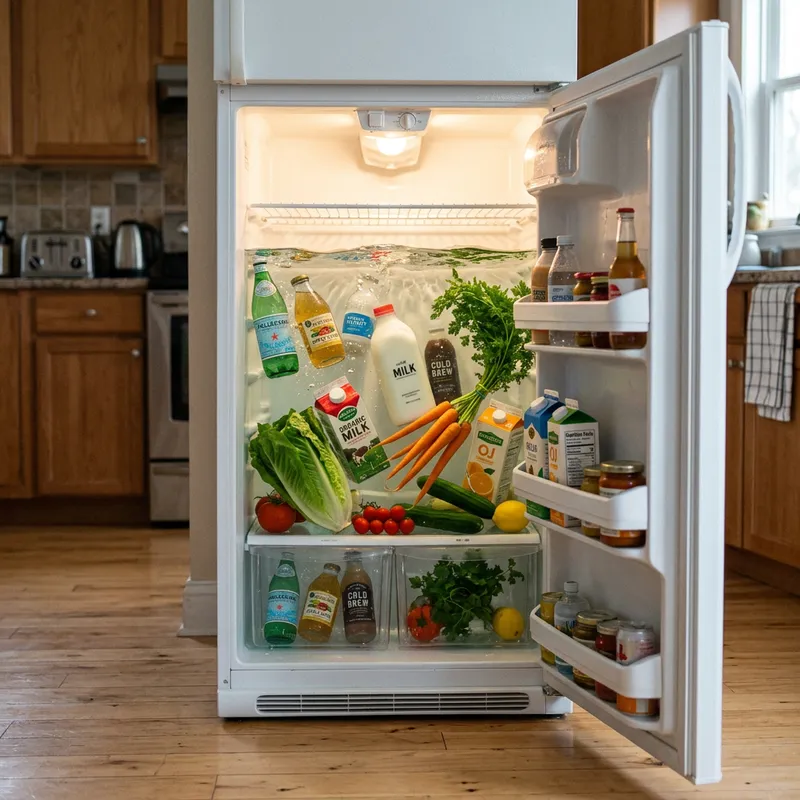 Unique Scene: Water Inside Fridge - Fresh Vegetables and Chilled Drinks