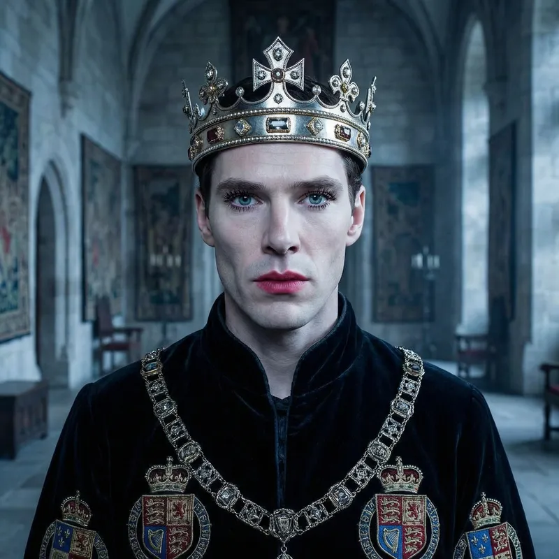 Regal King with Crown - Cold Expression and Blue Eyes