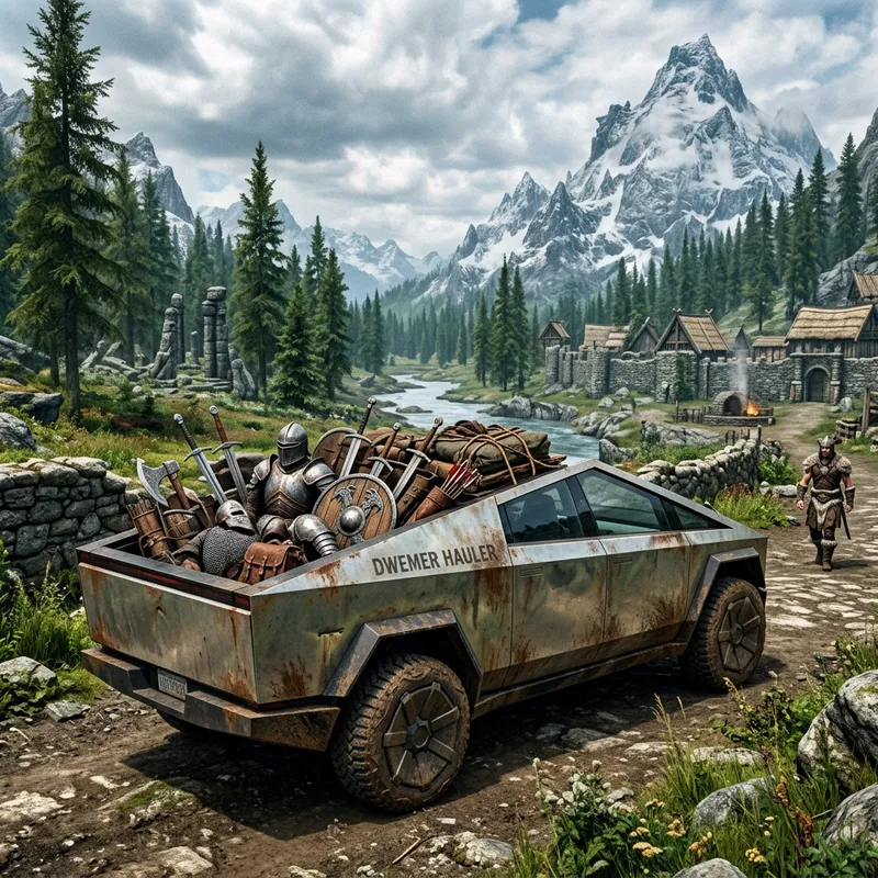 Tesla Cybertruck in Skyrim: Aged Design, Rustic Armory