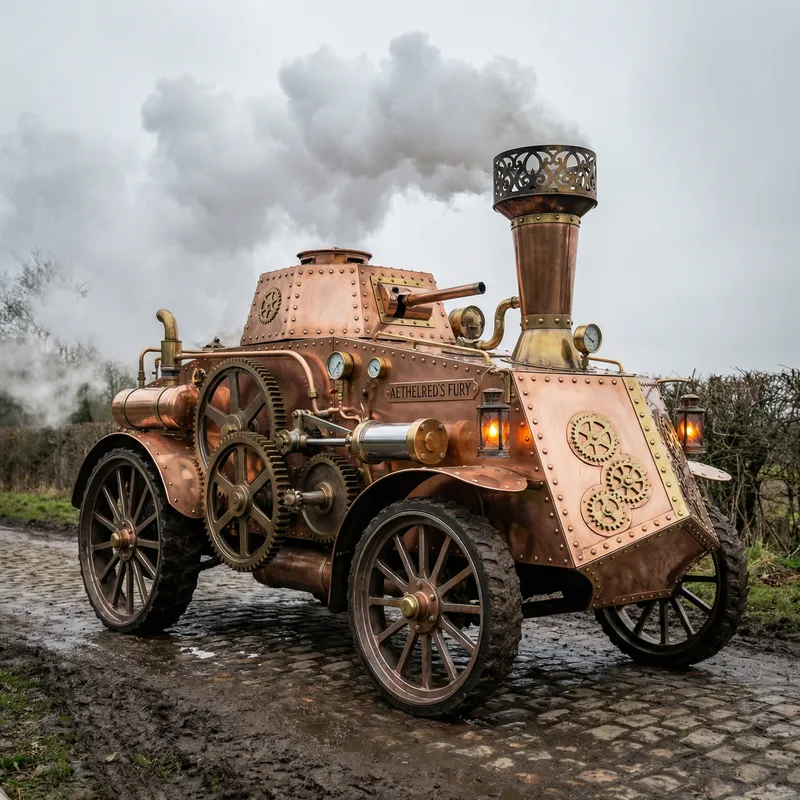 Vintage Steampunk Tank Powered by Steam Engine