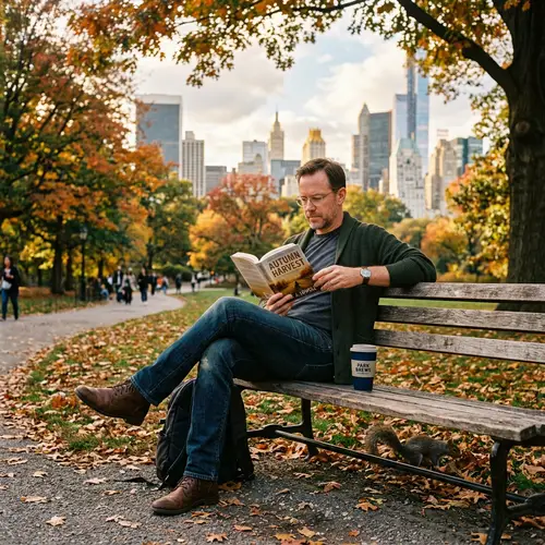 Urban Park Scene: Relaxing Adult Male Reading Book on Bench