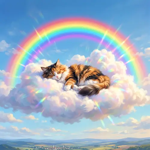 Fluffy Domestic Cat in Majestic Cloud with Rainbow