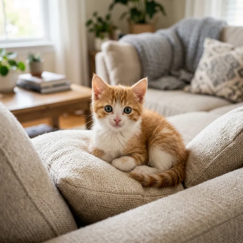 Charming Orange & White Kitten Relaxing on Couch