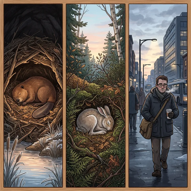 Peaceful Beaver, Sleeping Hare, Weary Office Worker Heading to Work