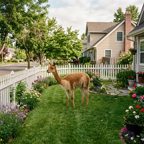 Charming Scene with Vicuna in Residential Yard | Unique Suburban View