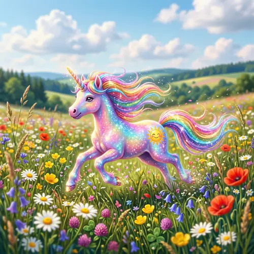 Colorful Unicorn Frolicking in Lush Field | Joyful Imagery
