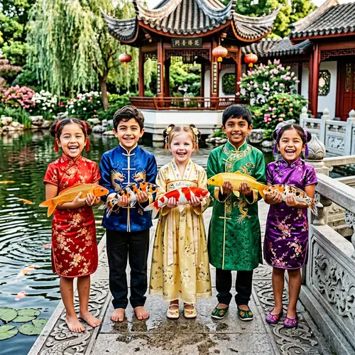 Diverse Children in Traditional Chinese Attire with Colorful Koi Fish