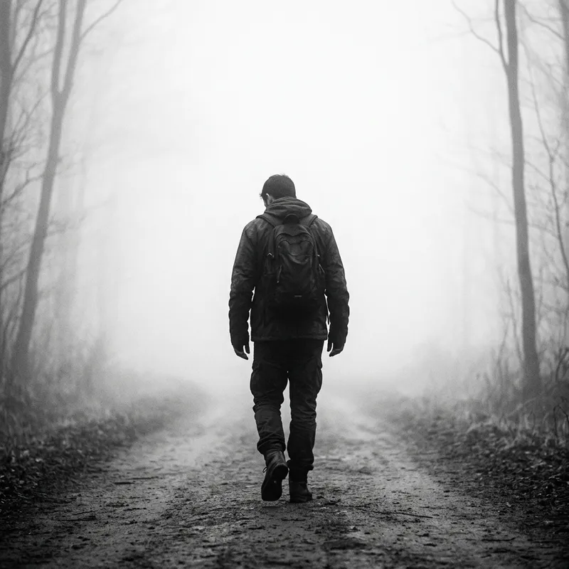 Silhouette Man Walking Away in Fog