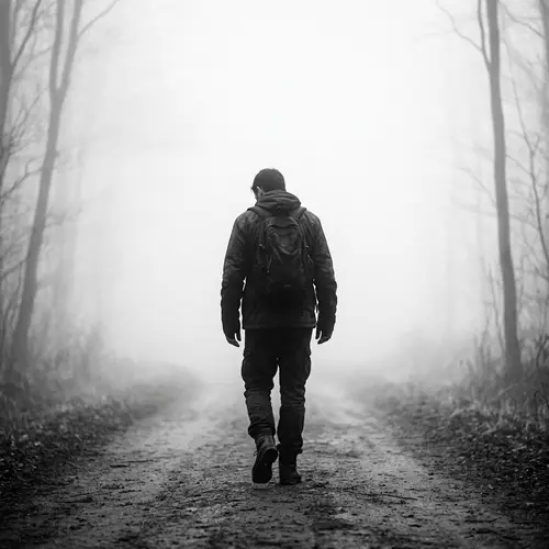 Silhouette Man Walking Away in Fog