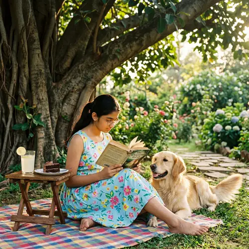 Young South Asian Girl Reading Book Under Shady Tree