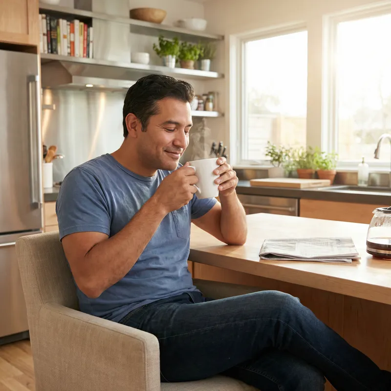 Charming Middle-Aged Man Drinking Coffee in Kitchen