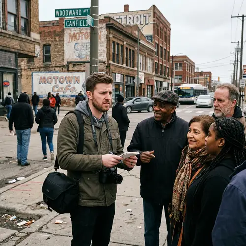 Realistic Photograph of Blogger in Detroit Meeting Locals