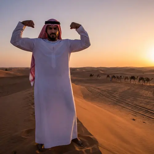 Traditional Saudi Man Flexing Muscles in Desert Sunset