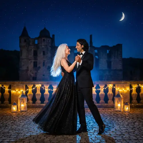 Enchanting Night Scene: Caucasian Girl & Middle-Eastern Man Dancing Under Starlit Sky