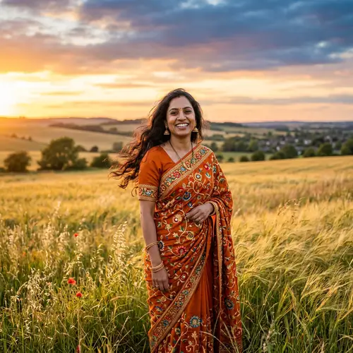 South Asian Woman In Vibrant Traditional Attire Under Blue Sky