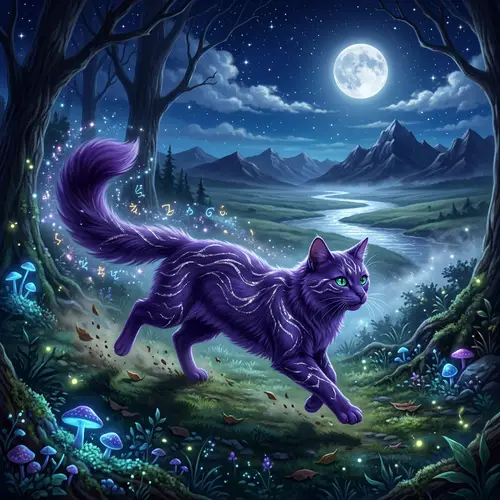 Majestic Purple Cat Running Through Mystical Night Forest