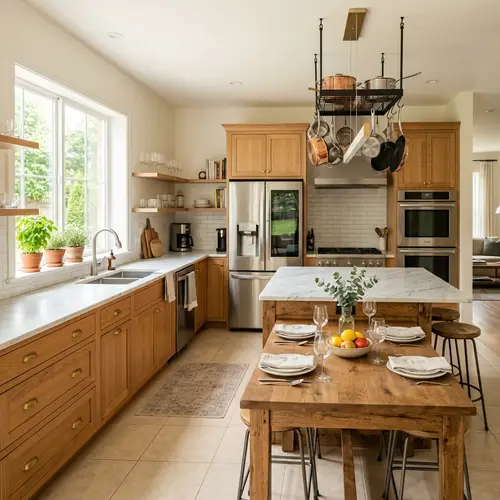 Modern Kitchen Design with Wooden Cabinets and Marble Countertop