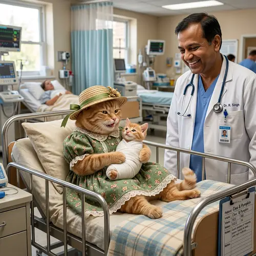 Ginger Cat and Kitten in Hospital Ward - Heartwarming Scene