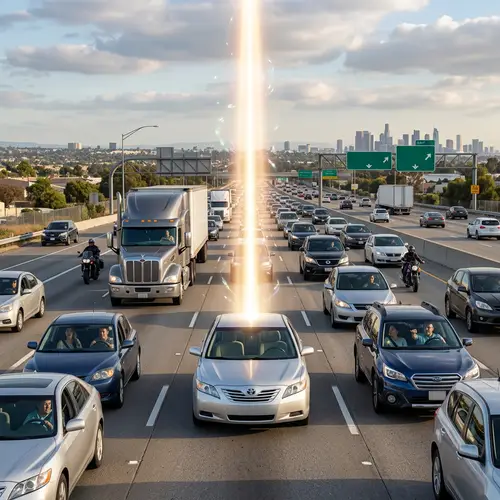 Driverless Silver Sedan Creates Heavenly Path Amid Chaos