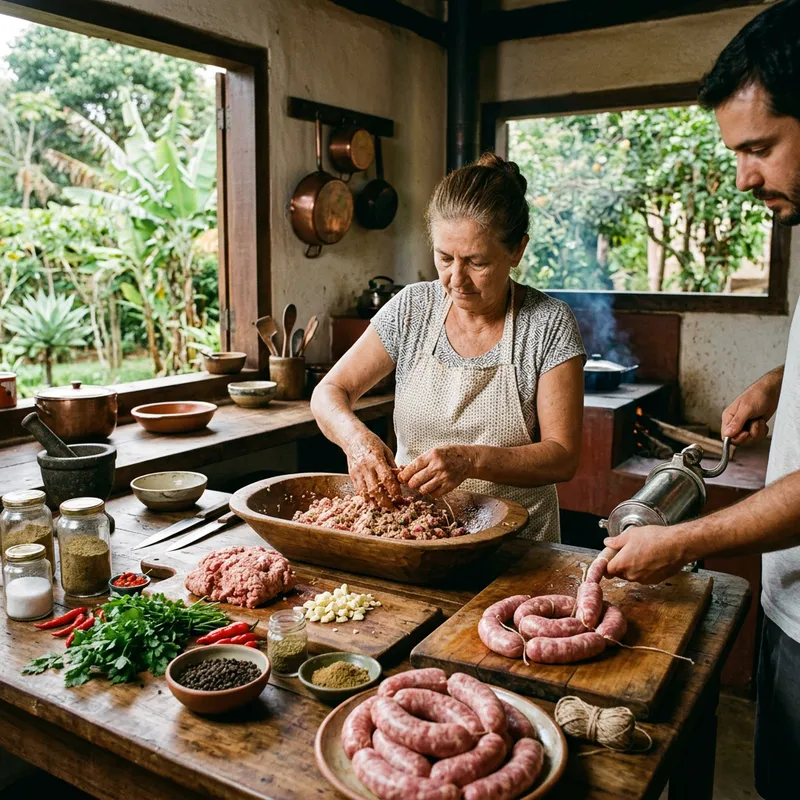 Authentic Brazilian Sausage Making in a Rustic Kitchen