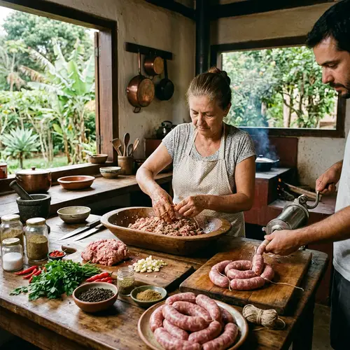 Authentic Brazilian Sausage Making in a Rustic Kitchen