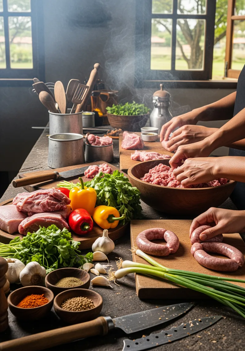 Authentic Brazilian Sausage Making in a Rustic Kitchen
