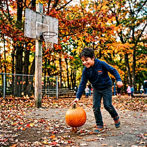 Hispanic Boy Playing Basketball with Pumpkin