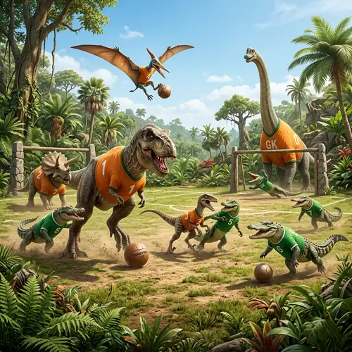 Dinosaur vs Crocodile Football Match in Prehistoric Jungle