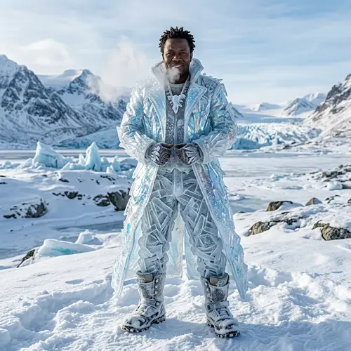 Ice Clothing: African Man in Iridescent Outfit & Snow Shoes