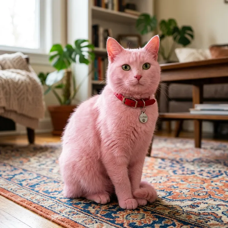 Pink Cat with Red Collar - Cute Pink Cat Picture