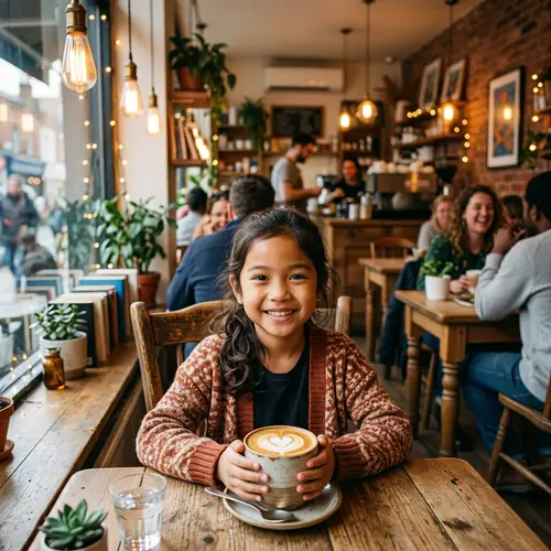 Cute Asian Girl Enjoying Coffee at Quaint Cafe