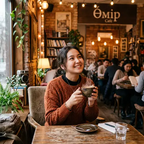Realistic Kazakh Girl in Cafe with Coffee
