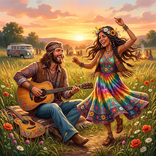 Hippie Couple Art: Joyful 1960s Fashion Concept